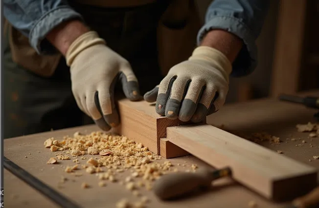 Mains gantées ajustant un assemblage de deux pièces de bois sur un établi, copeaux de bois et ciseau à bois posés à côté