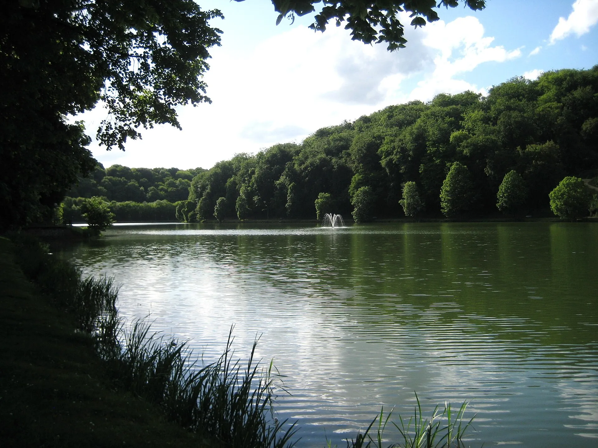 Le plan d'eau de la Sangsue, son jet d'eau et ses berges boisées à Val de Briey