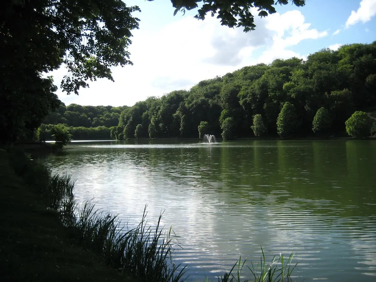Le plan d'eau de la Sangsue, son jet d'eau et ses berges boisées à Val de Briey